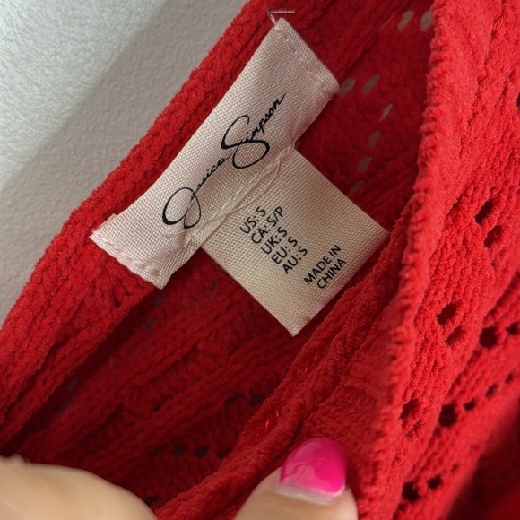 Jessica Simpson Cropped Knotted Red V-Neck Cable Knit Sweater Women's Size Small - Picture 3 of 5